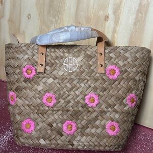 Monogrammed Pink Floral Woven Tote Bag